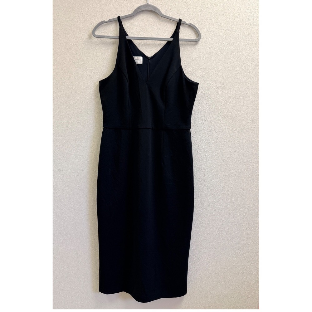 Donna Morgan Classic Womens Black V-Neck Spaghetti Strap Sheath Midi Dress SZ 12